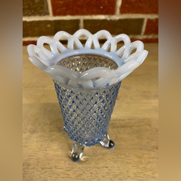 Vtg Imperial Glass Blue Vase Diamond Point 1930 Katy Opalescent Open Lace Edge - Picture 7 of 8